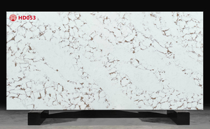 Calacatta Bulgari Artificial Quartz Stone with Light Brown And Grey Lines And Spots.